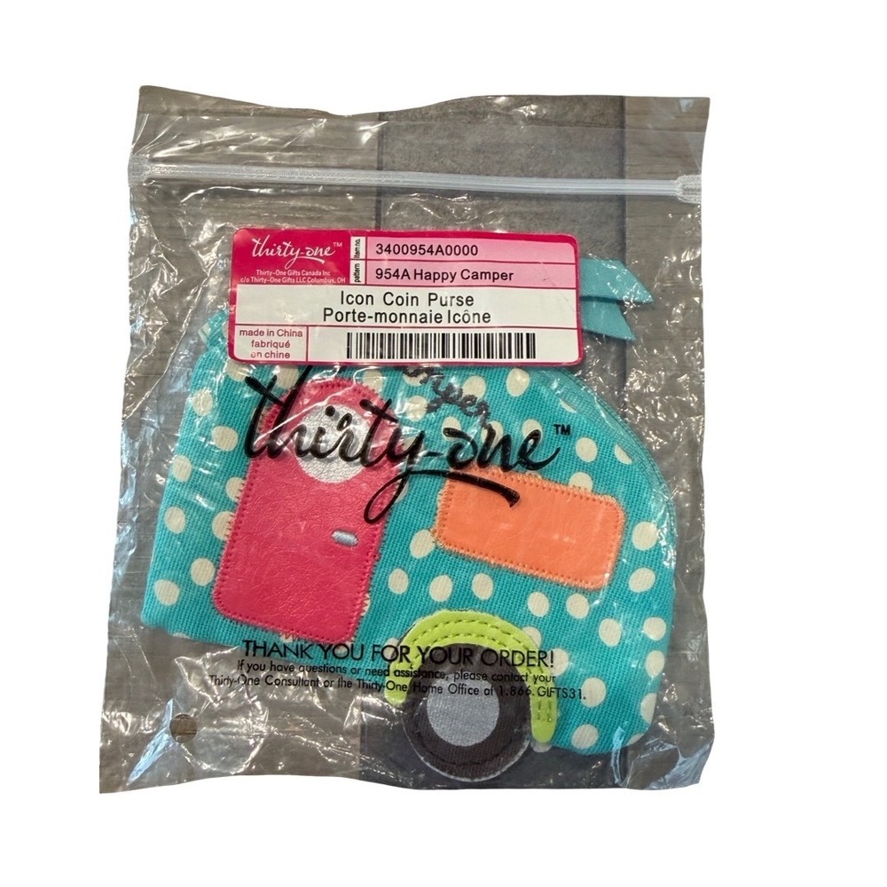 Thirty-One Icon Coin Purse Happy Camper Retro Trailer Teal Polka Dot Purse